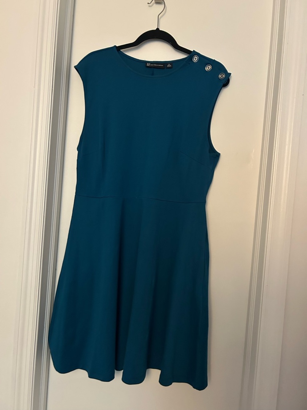 New York & Company Teal Cap-Sleeve Fit-and-Flare Dress with Shoulder Buttons